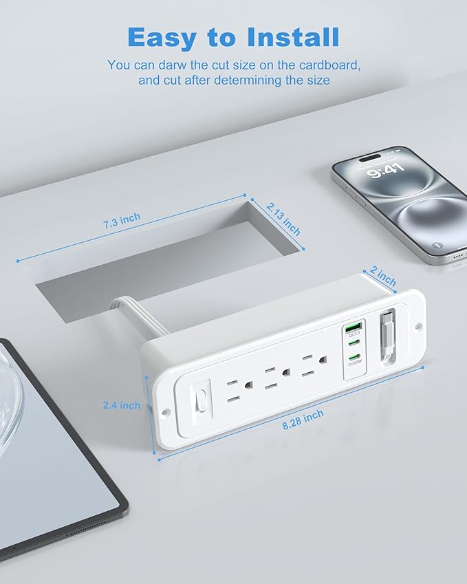 Recessed Power Strip with Retractable USB C Cable, 2 PD 20W USB C, Flush Mount - Image 6