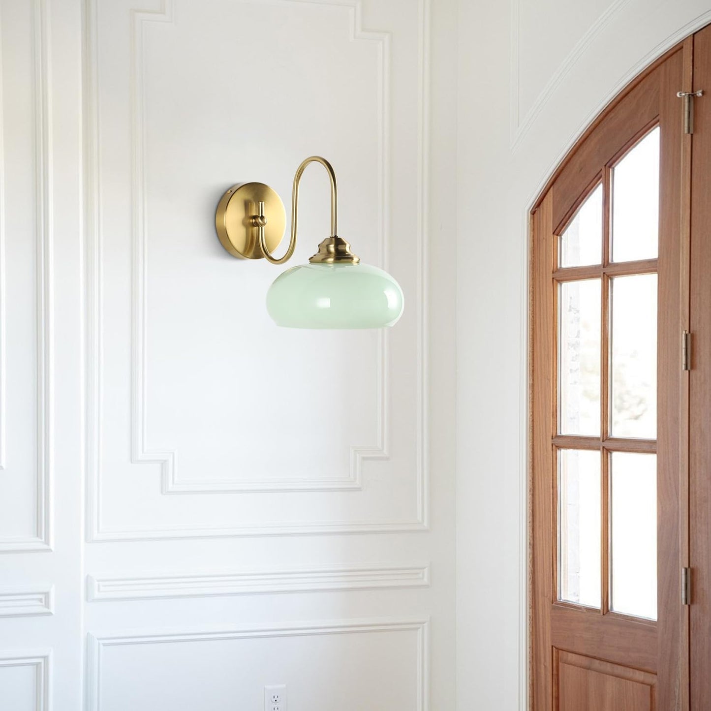 KCO Mid Century Modern Mint Green Dome Glass Wall Sconce with Curved Arm | E26 Base Hardwired, Up/Down Mounted, Vintage Bathroom Vanity Light Fixture, Brass Gold Wall Lamp for Bedroom Hallway Entryway