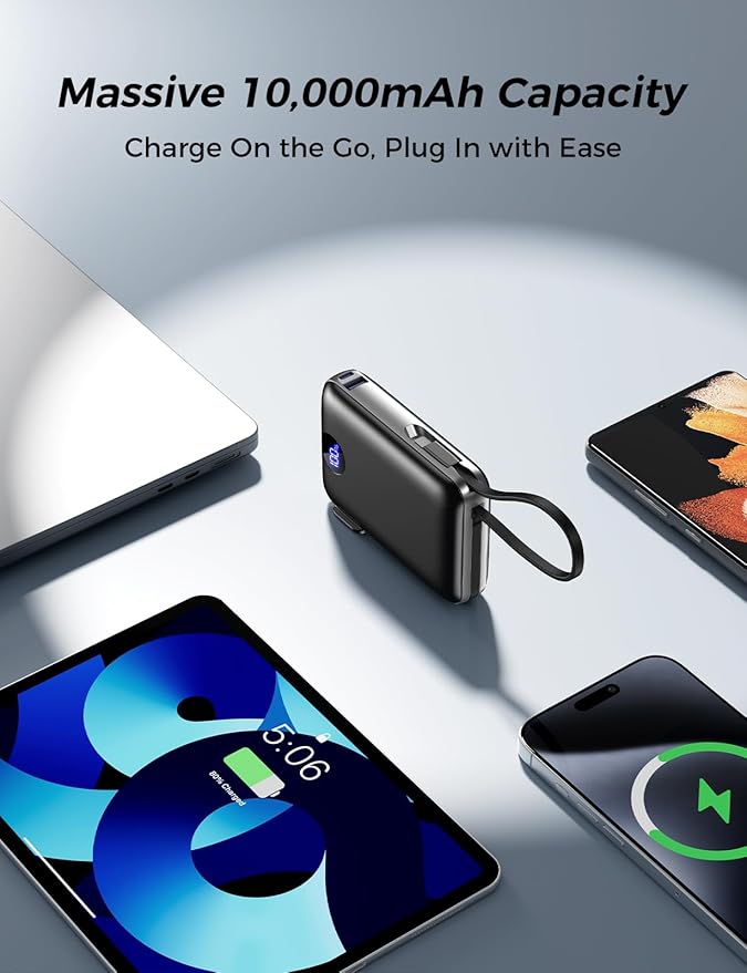 Portable Charger with Built in Cables & Wall Plug, 10000mAh Power Bank - Image 5