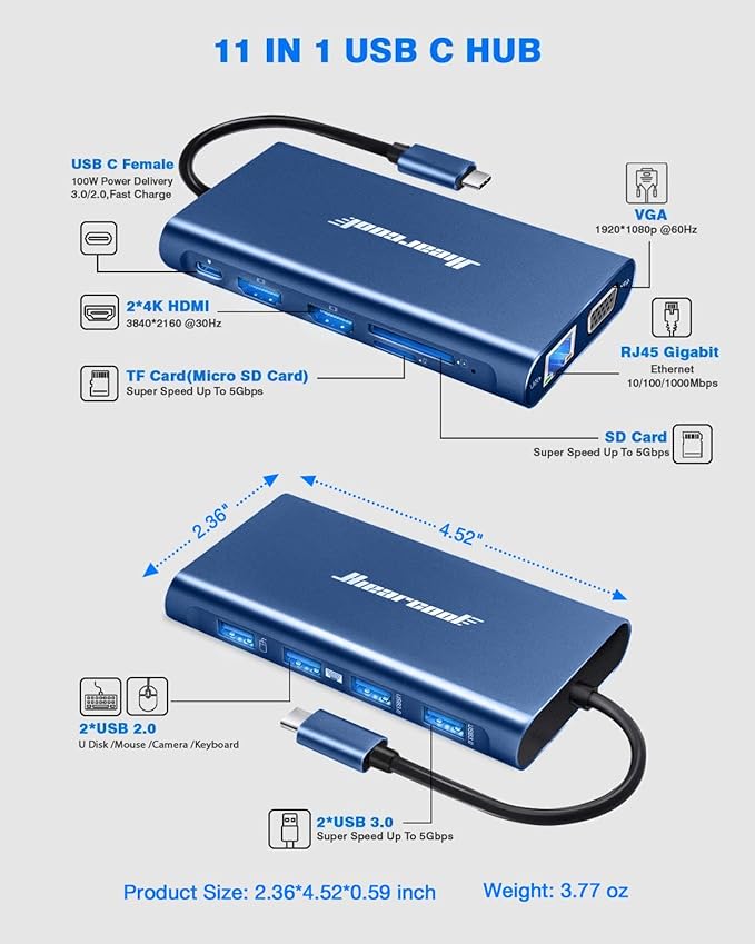Hiearcool USB C Docking Station Dual Monitor, 11 in 1 Triple Display USB C - Image 2