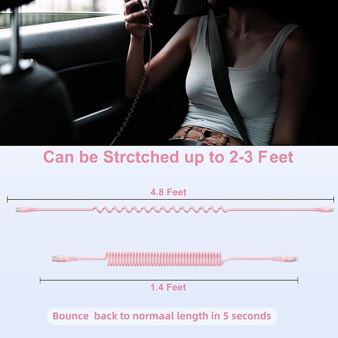 KIYODA USB C to Lightning Cable 3FTfor Car, Coiled iPhone Charger Fast Charging - Image 7