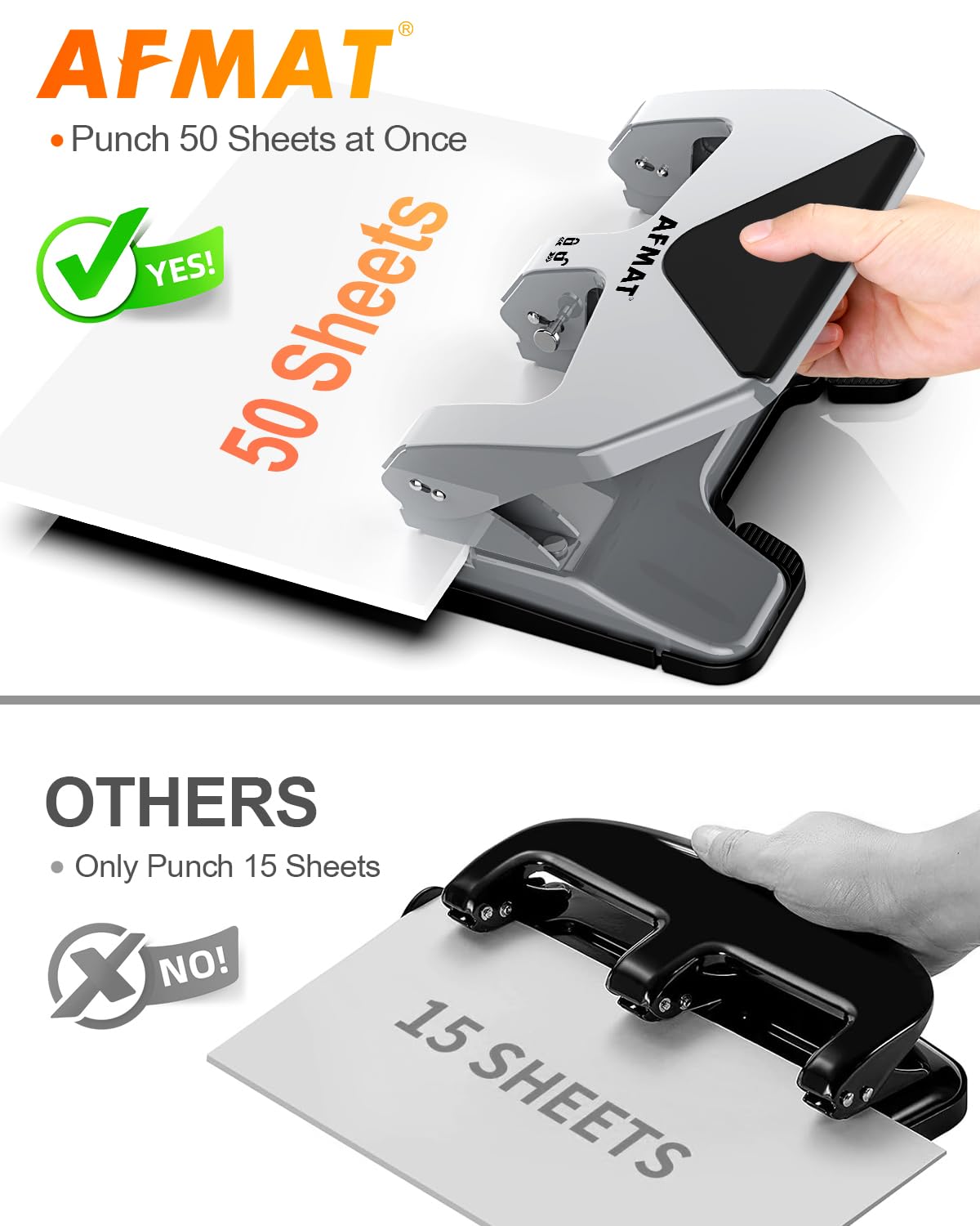 AFMAT 3 Hole Punch Heavy Duty, 50-Sheet Three Hole Punch, 50% Reduced Effort, 10,000+ Uses, 9/32" Holes, S.S. Paper Guide, 3 Hole Puncher for Binder, Metal Hole Puncher for Home Office School HP20