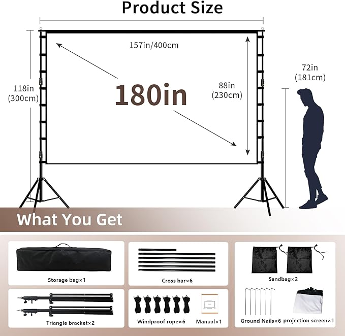 Projector Screen with Stand, Wootfairy 180 inch Portable and Foldable - Image 2