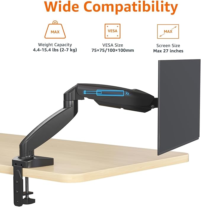 Amazon Basics Gas Spring Single Computer Monitor Arm Mount, Adjustable - Image 3