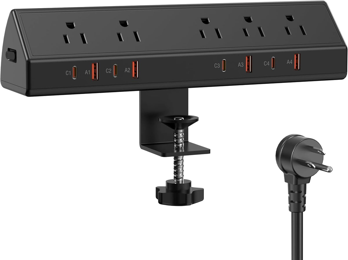 Desk Clamp Power Strip 65W Fast Charging Station, 4 PD USB-C, 5 Outlets