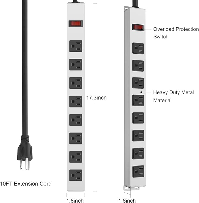 JUNNUJ Metal 8 Outlet Power Strip, Mountable Heavy Duty Power Strip, 1200J - Image 3