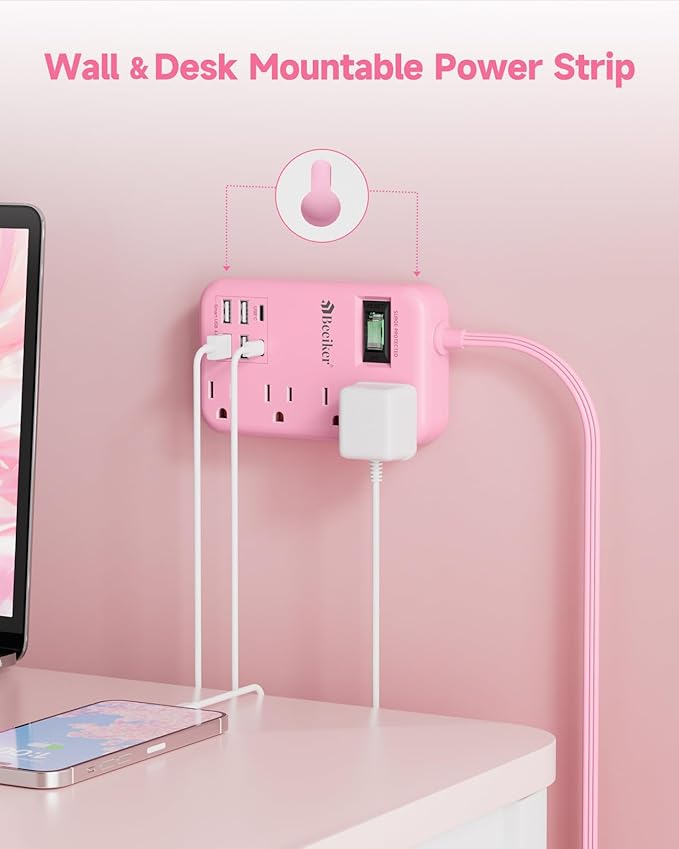 6 USB Pink Extension Cord- 5Ft Travel Power Strip - Image 6