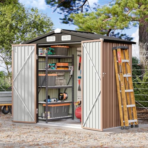 6x4ft outdoor storage shed with base brown, close-up detail