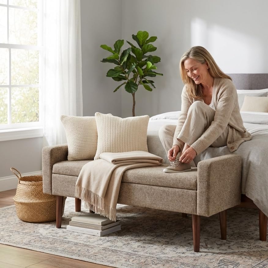 homepop fulton 48" storage bench - midtone gray shown in use