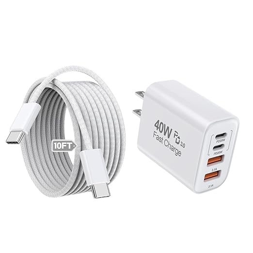 10Foot USB C-C Woven Fast Charging Cable, Apple 40W 4 Port USB C Wall Charger by Dazana