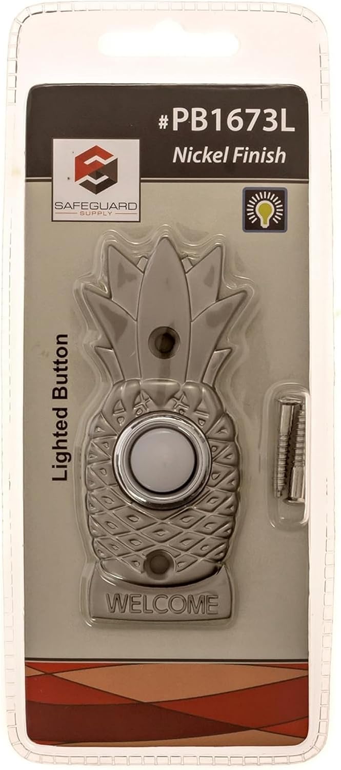 Brass Doorbell Button, Lighted Pineapple, Brushed Nickel | Wired Doorbell, Recessed Mount, Push Button Replacement for Existing Chime Systems