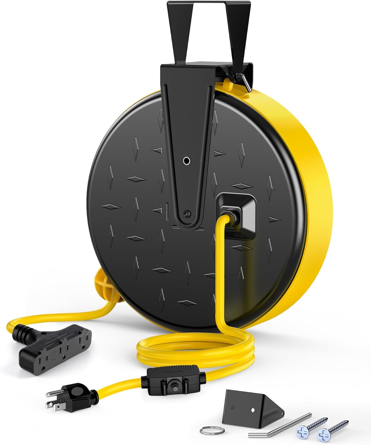 DEWENWILS Retractable Extension Cord Reel, Metal Reel with 30FT Power Cord | Ceiling or Wall Mount, 16/3 Gauge SJTW, 3 Electrical Outlets Pigtail for Garage and Shop, 10 Amp Circuit Breaker, UL Listed