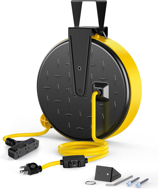 DEWENWILS Retractable Extension Cord Reel, Metal Reel with 30FT Power Cord | Ceiling or Wall Mount, 16/3 Gauge SJTW, 3 Electrical Outlets Pigtail for Garage and Shop, 10 Amp Circuit Breaker, UL Listed