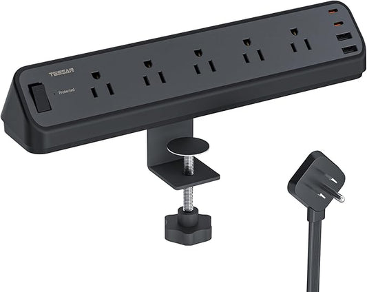 Desk Clamp Power Strip Black, TESSAN 6 Ft Flat Plug Extension Cord by TESSAN
