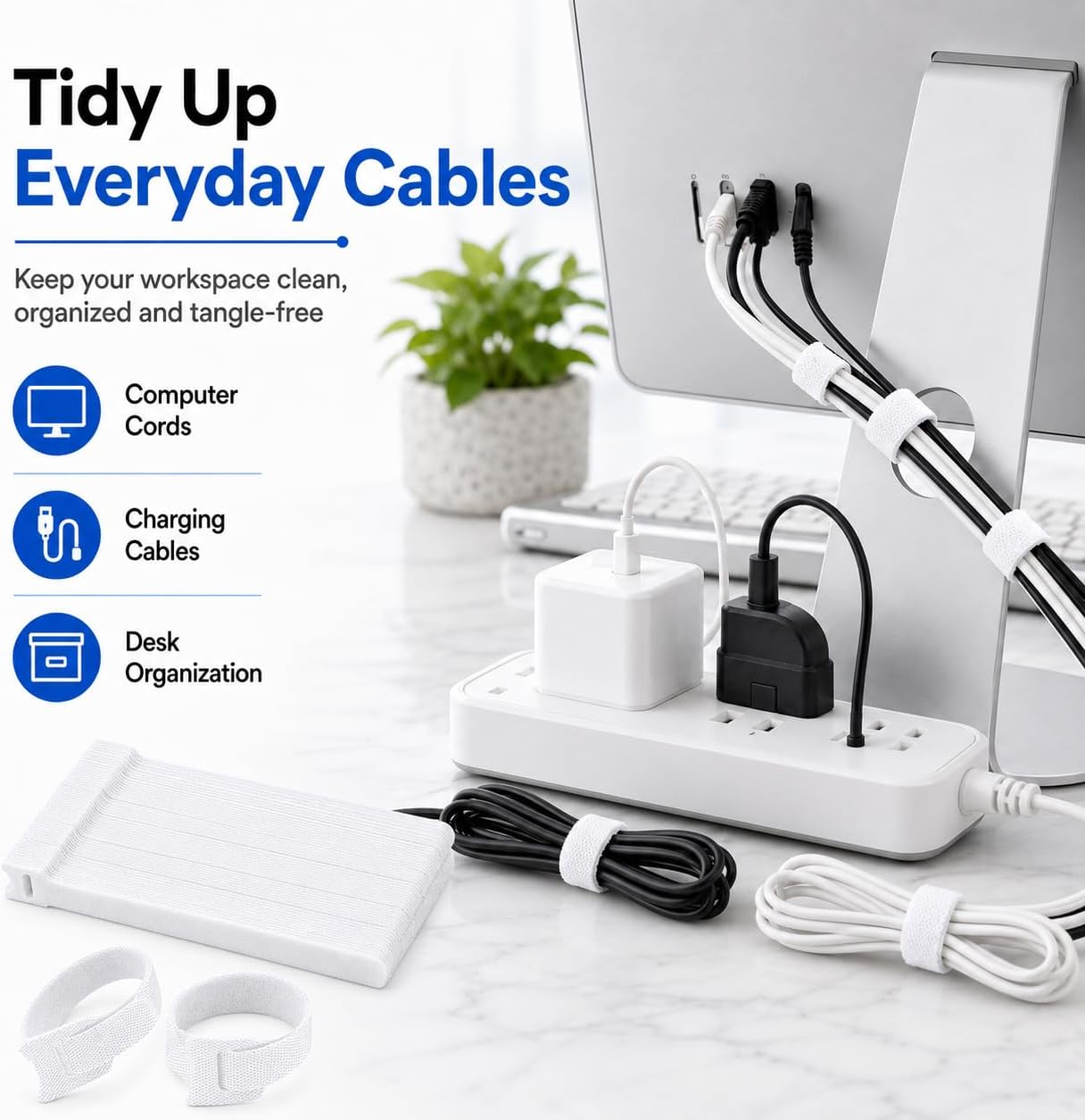 80pcs 8 Inch Cable Ties Reusable White Hook and Loop Cord Ties for Cable Management Adjustable Cord Organizer Straps for Electronics