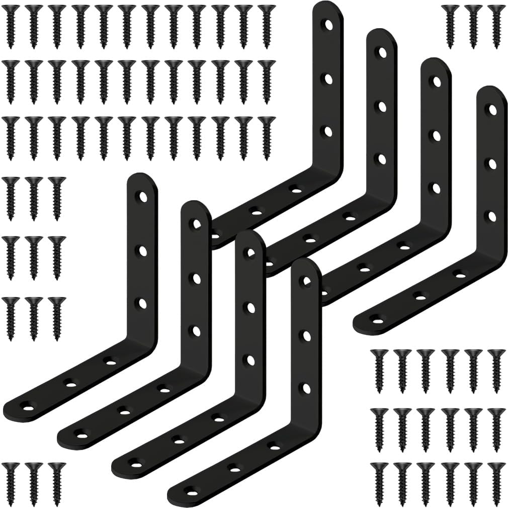 Black L Bracket 4 Inch Stainless Steel Corner Braces, 8 Pack 100x100mm 90 Degree Right Angle Joint Brackets for Wood Shelves Cabinets, with Screws