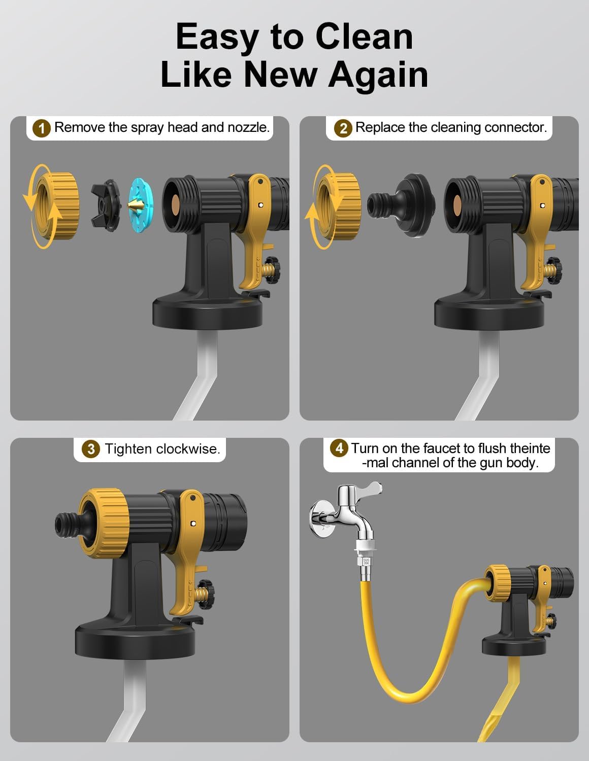 Paint Sprayer, Electric Spray Paint Gun, 3 Modes & 4 Brass Nozzles | With Cleaning & Blowing Joints, Variable Flow Control, for Doors, Fences, Walls, Cabinets, Garden Chairs, Yellow