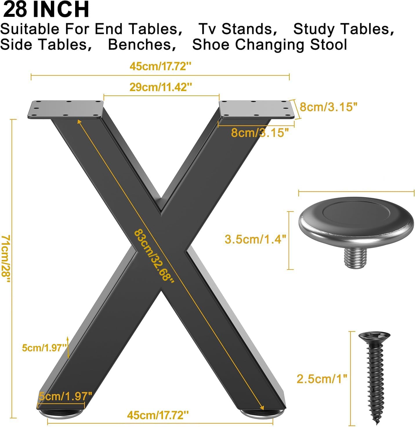 28" Metal Coffee Table Legs, Sturdy Black Bench Legs, Suitable for DIY Furniture Legs, Dining Tables, End Table, Chair, Desks, and Benches - 71 cm H x 45 cm W, Set of 2 (28" X-Type)