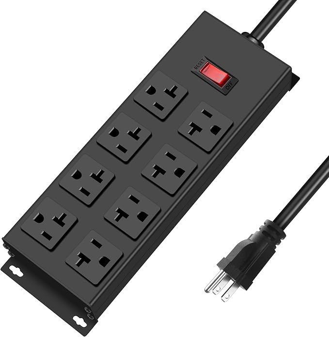 JUNNUJ Heavy Duty 20 Amp Power Strip, Garage 8 Outlets Metal 12 Gauge Surge by JUNNUJHome
