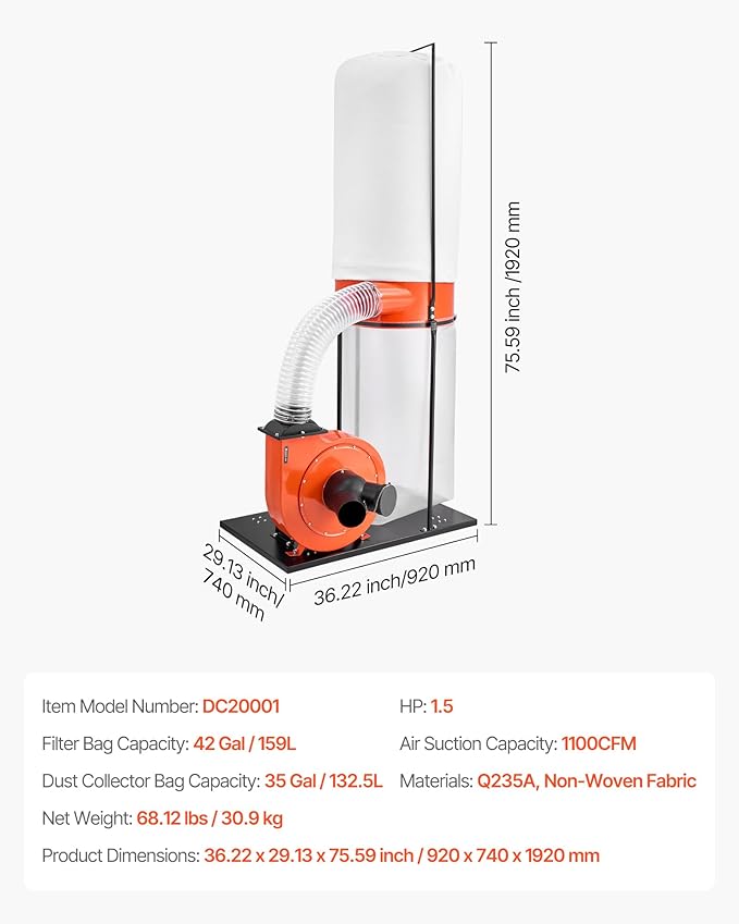 VEVOR Dust Collector, 1100 CFM 2.5 Micron Vortex Cone Dust Collectors, 1.5HP - Image 7