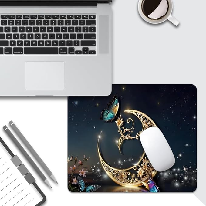 Golden Retro Fantasy Starry Moon Butterfly Square Mouse pad, Waterproof - Image 5