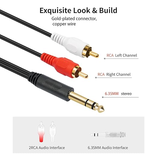 SiYear Gold-Plated 6.35mm 1/4 inch Male TRS Stereo Plug to 2 RCA Phono Male - Image 7