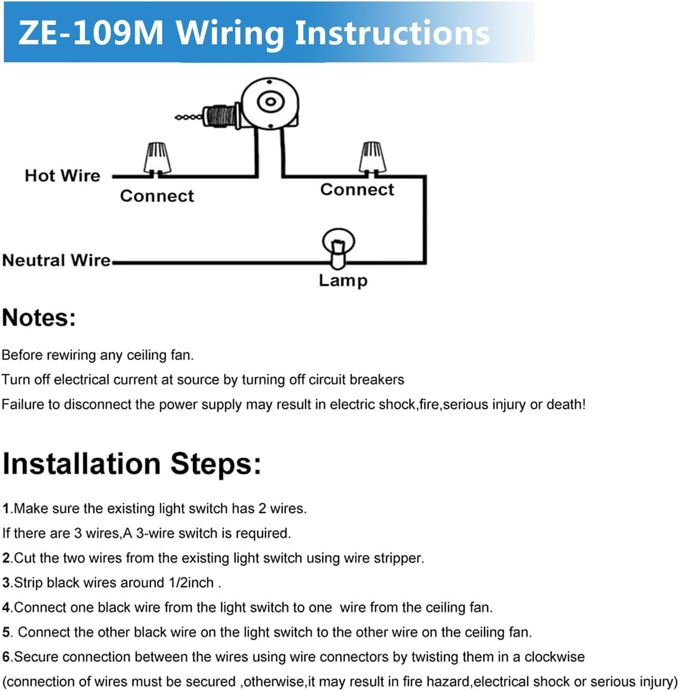 Ceiling Fan Switch Zing Ear ZE-109M Pull Chain Switch On/Off Light Switch compatible with Hunter Ceiling Fan Light Lamp Replacement