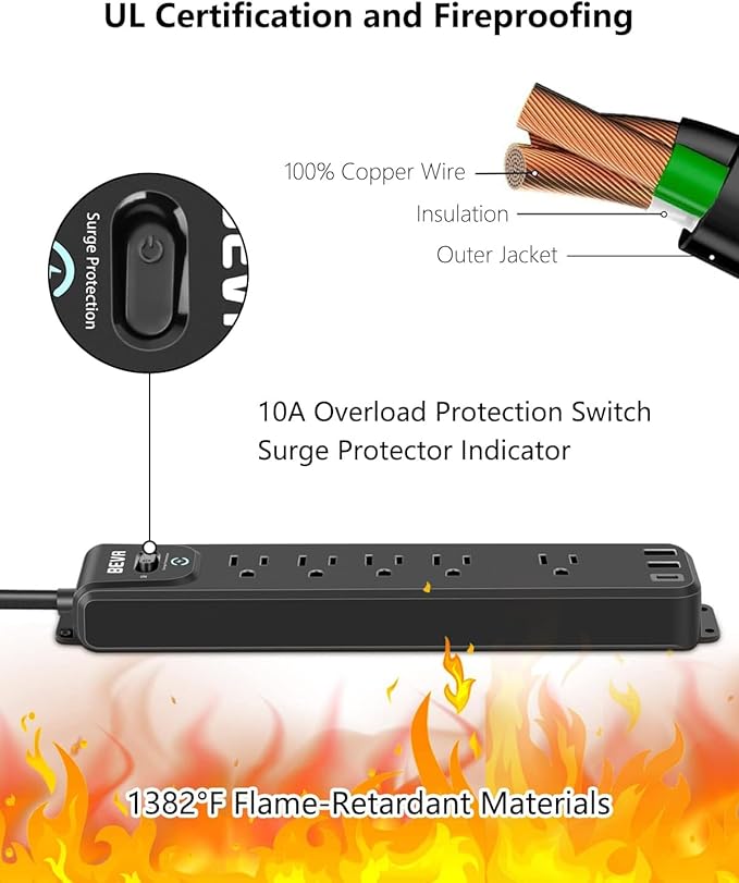 2 Pack Surge Protector Power Strip, 10FT Long Extension Cord - Image 5