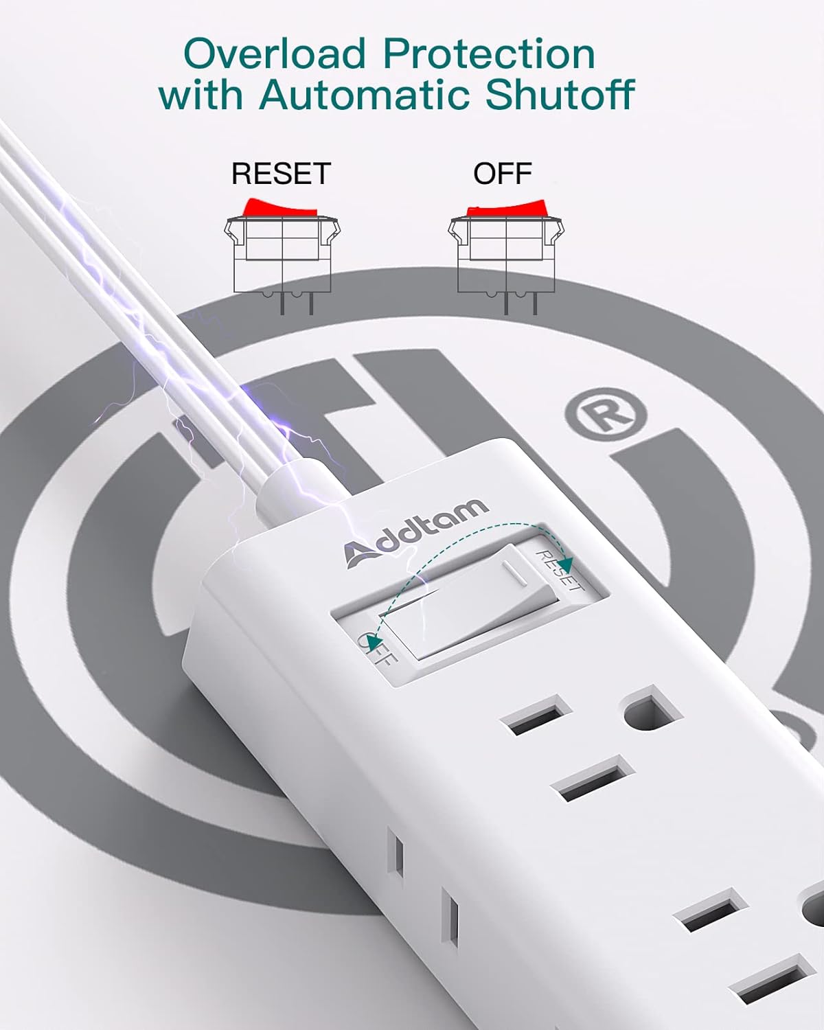 Cruise Essentials - Flat Plug Power Strip, Addtam 5 ft Ultra Flat Extension Cord with 6 Outlets Extender, No Surge Protector for Cruise Ship, Travel, Dorm, Home Office, ETL Listed