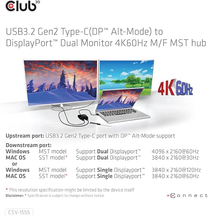 Club 3D CSV-1555 USB3.2 Gen2 Type-C to DisplayPort Dual Monitor 4K60Hz M/F MST - Image 4