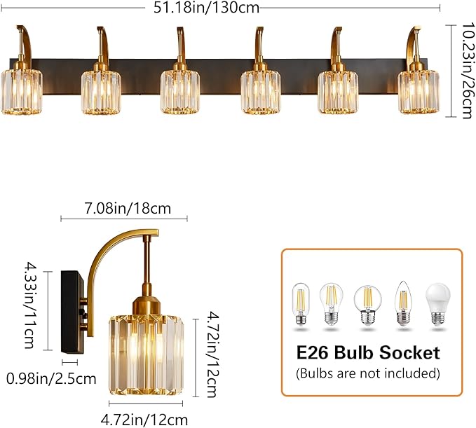 FDPBY 6-Light Crystal Vanity Light, 51.18" Long Over Mirror Lighting - Image 4