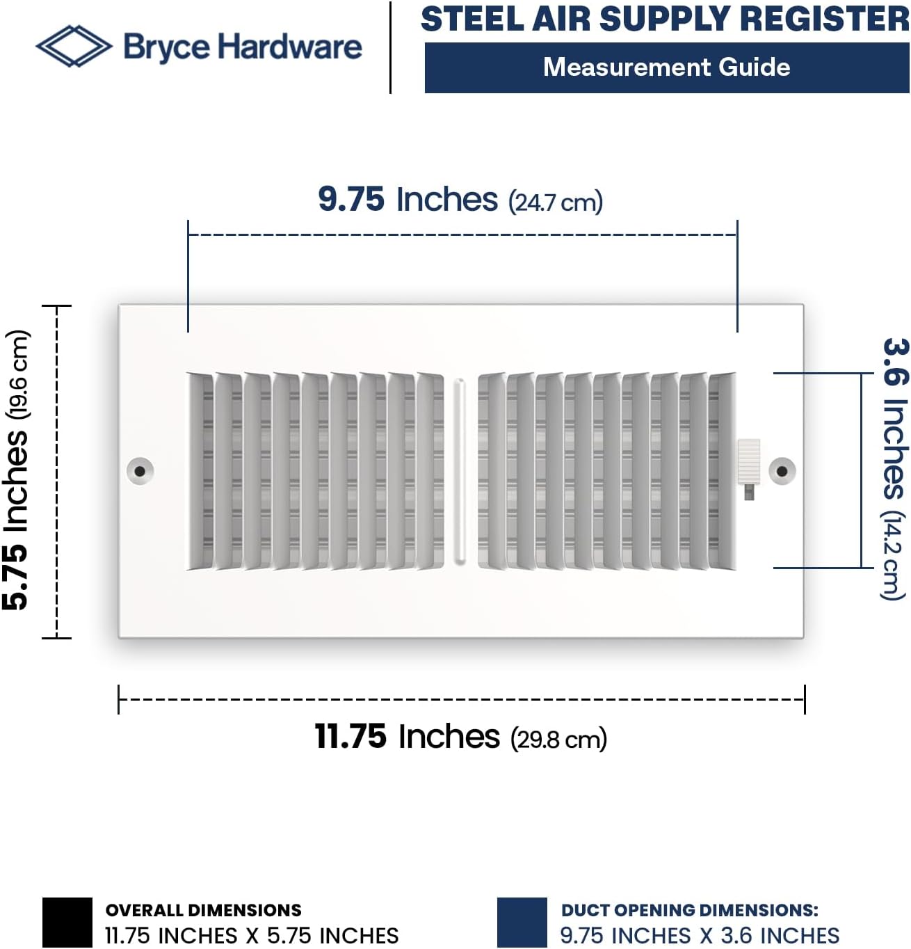 Air Supply Vent Cover for Wall or Ceiling 10 x 4 Inch (Duct Opening), Solid Steel Supply Air Grille, Outer Dimensions: 11.75"W X 5.75"H, White