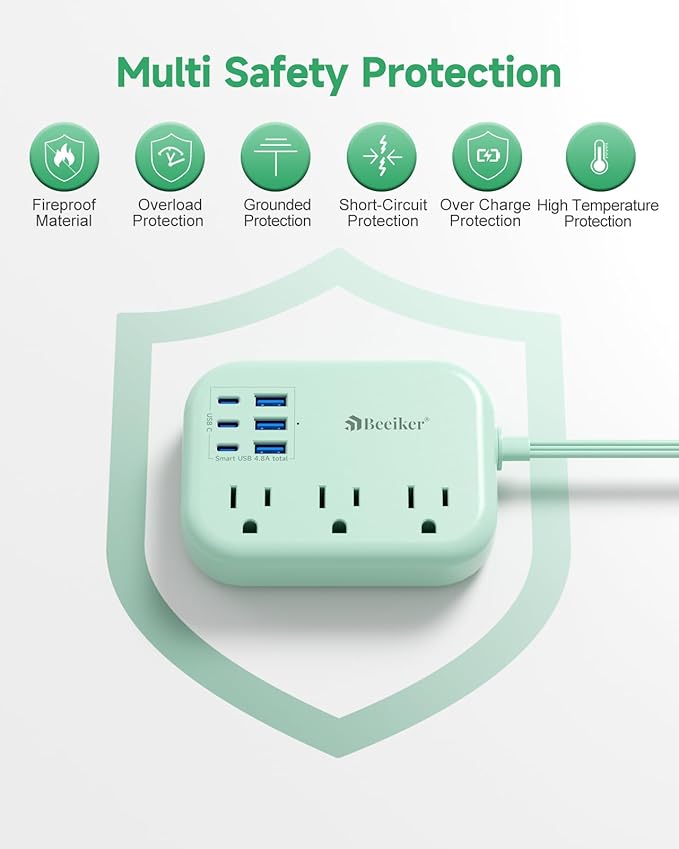 6 USB Green Travel Power Strip- 5Ft Green Extension Cord - Image 6