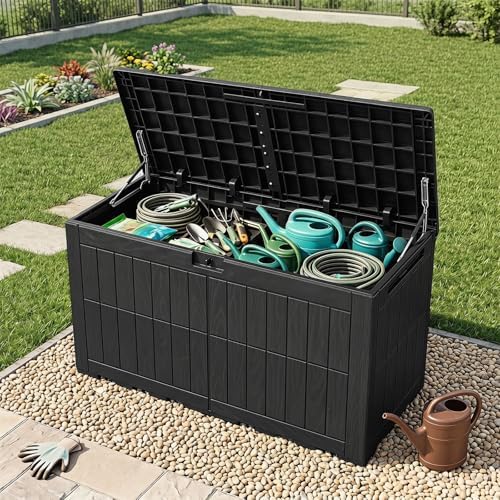 tangkula 120 gallon waterproof outdoor storage box with shown in use