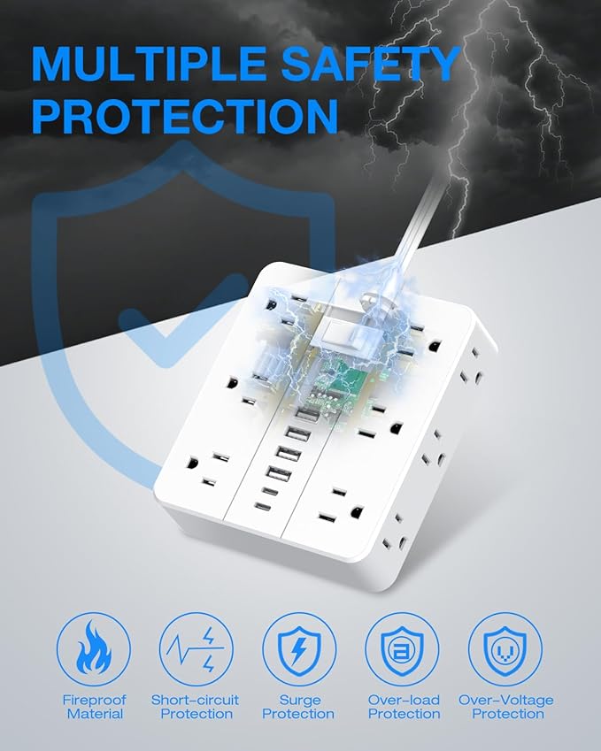 Flat Plug Surge Protector Power Strip, HUNIAN 12 Widely Spaced Outlets - Image 6
