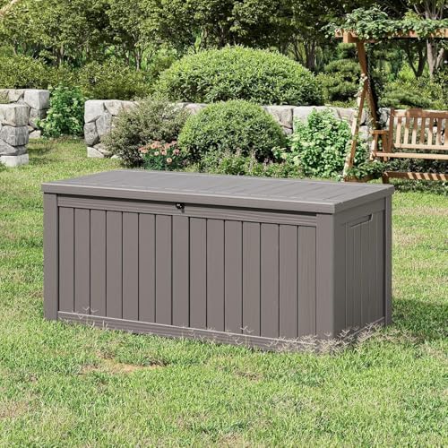 151 gal deck box, outdoor storage box waterproof shown in use