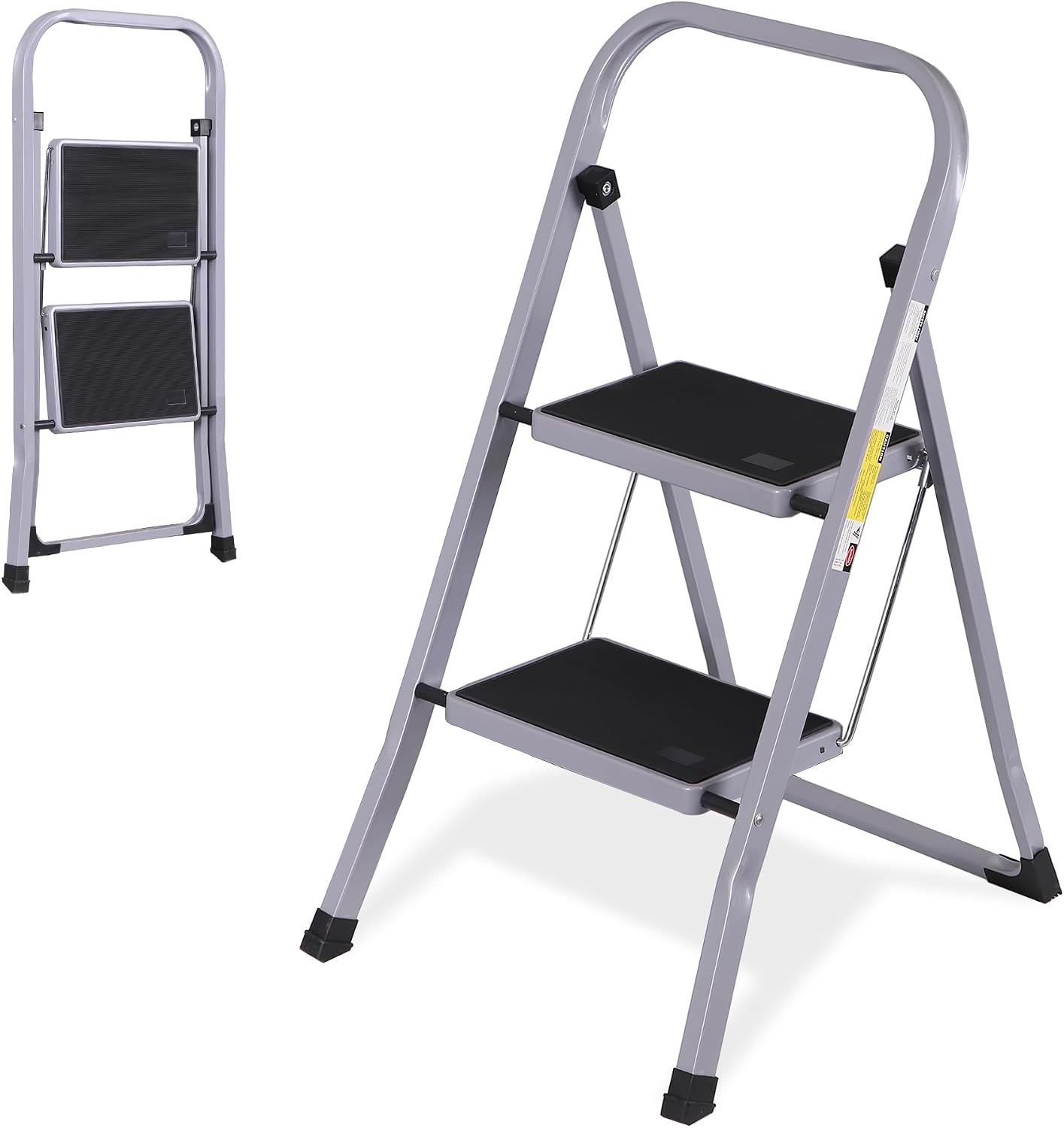 ZENY 2 Step Ladder Folding Step Stool with Wide Anti-Slip Pedal, Convenient Handgrip, Portable Steel Step Stool, 300 lbs Sturdy Steel Ladder for Household and Office, Gray