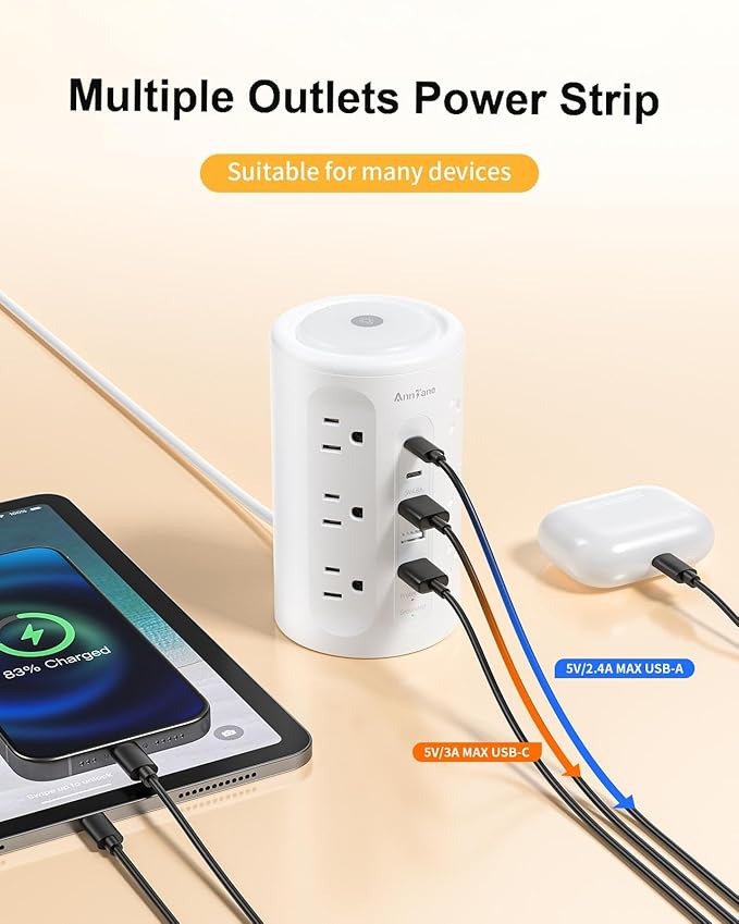 AnnTane Power Strip Tower with Night Light, 15W Surge Protector Power Strip - Image 6