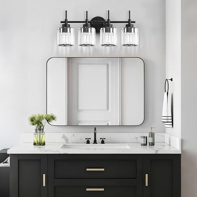 EJIAXIN 4 Light Round Crystal Vanity Lights, Modern Black Crystal Wall Light - Image 9