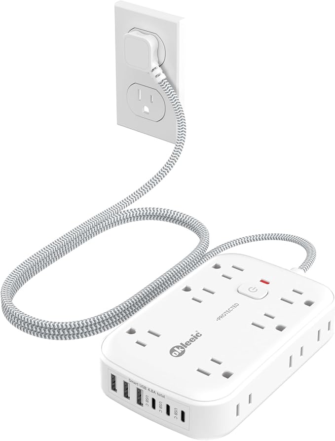 Power Strip with USB, 2100J Surge Protector Flat Plug Extension Cord 5ft by okleeic