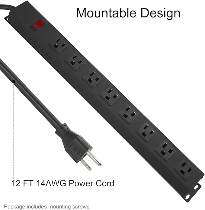 Metal 8 Outlet Mountable Power Strip, Wall Mount Outlet Heavy Duty, Wide Spaced - Image 3