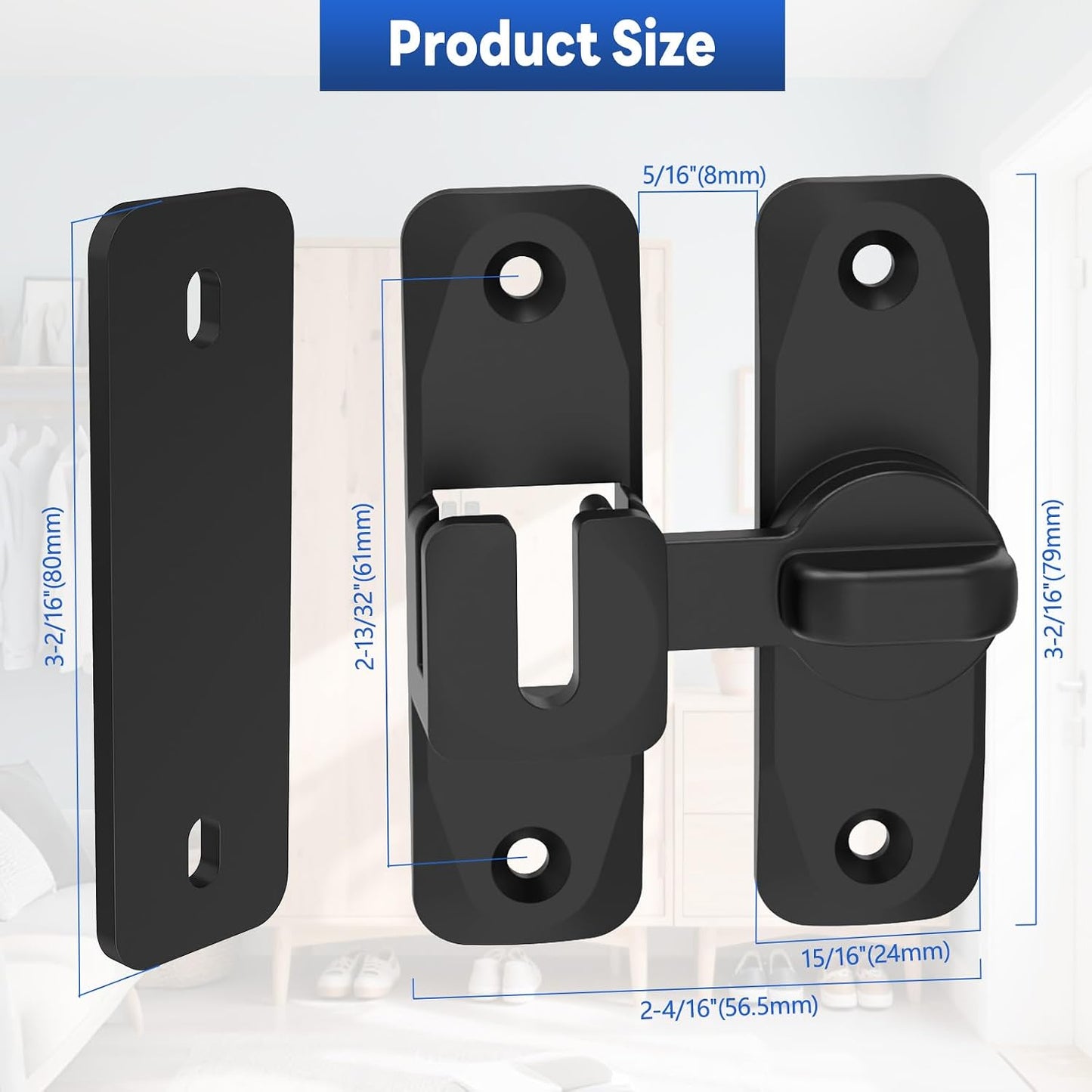90/180 Degree Sliding Barn Door Locks and Latches, Black, 1 PC | Sturdy Aluminum Alloy, Proof Door Lock for Inside Barn Door, Screen Door, Bathroom, Closet, Cabinet, Screws & Spacer Included