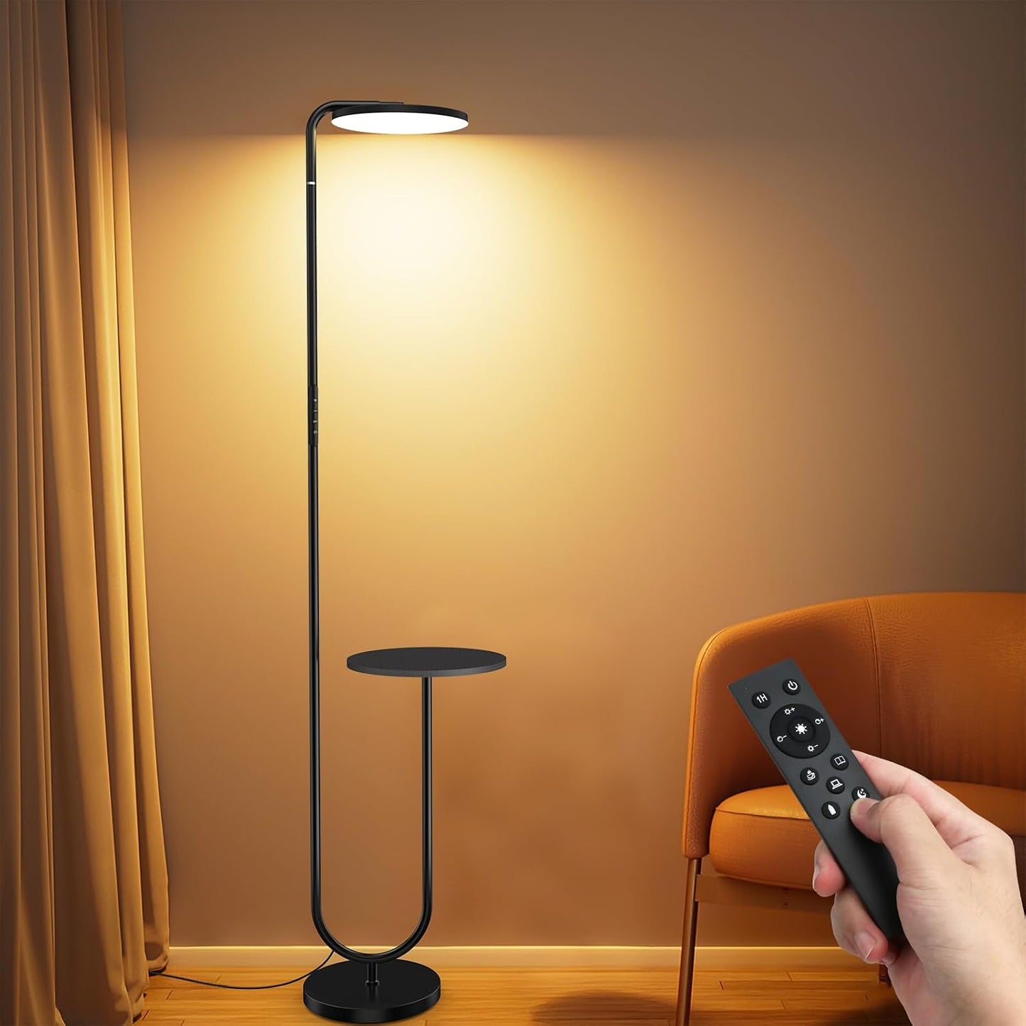 36W LED Floor Lamp with Table, Super Bright Standing Lamp, Modern Stepless Dimmable Torchiere Tall Lamp with Remote Control, 350°Rotating Head Floor Lamp for Living Room, Bedroom, Office