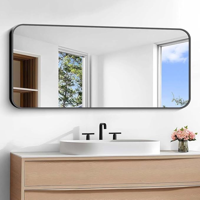 Bathroom Mirror, 48 x 24 inch Black Rectangle Wall Mirror, Metal Framed - Image 6