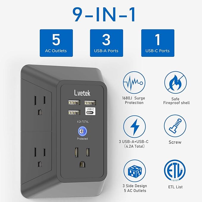 Surge Protector Outlet with 5-Multi Plug Outlet and 4 USB Ports, 3-Sided 1680J - Image 2