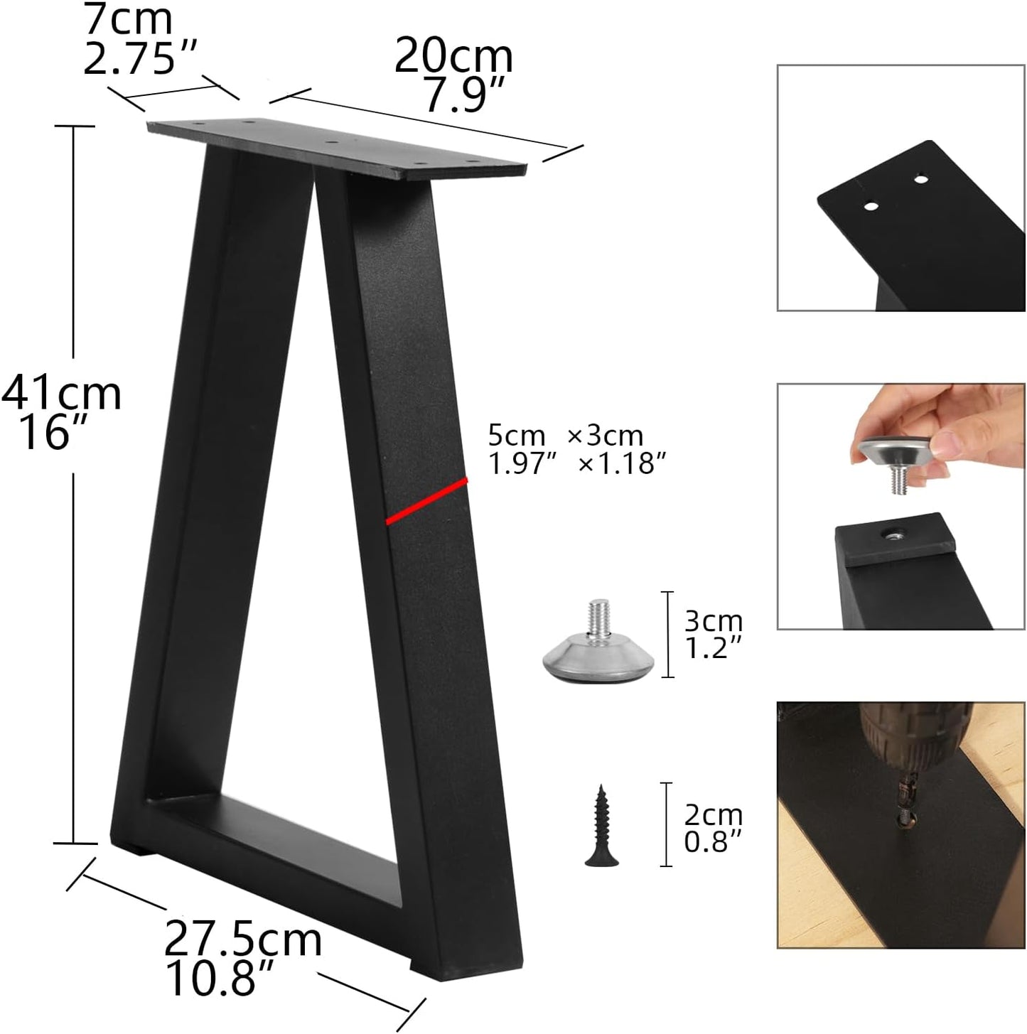 16 Inch Trapezoid Metal Table Legs for Bench, Coffee Table Legs, DIY Furniture Feets Set of 2, Including Screws and Adjustable Feet Pads, 16 Inch x 10.8 Inch