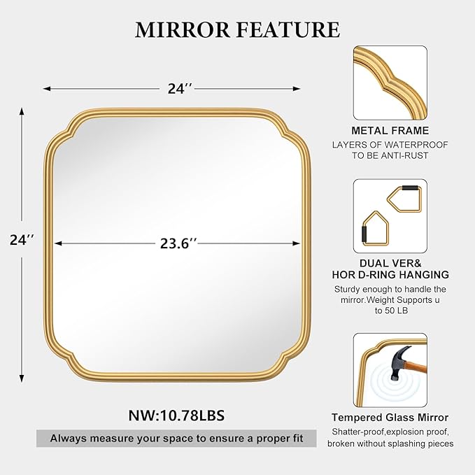 Gold Bathroom Mirror for Wall 24" x 24" Modern Rounded Corner Square Mirror - Image 4