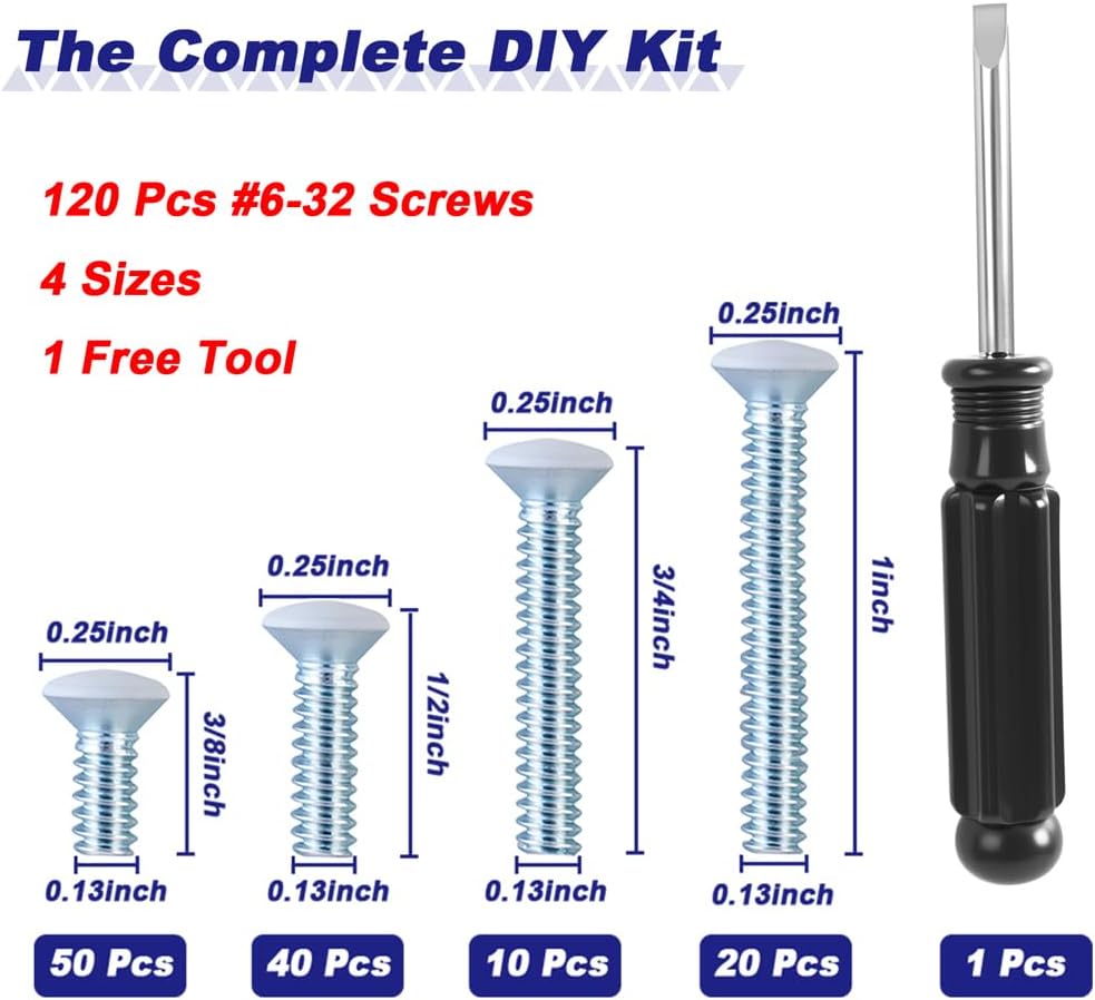 120PCS Wall Plate Screws White, Outlet Cover Screws for Switch Plate, 6/32 Electrical Outlet Screws for Light Switch Plates,Electrical Panel, 4 Sizes (3/8",1/2",3/4",1") Screws Kit w/Free Screwdriver