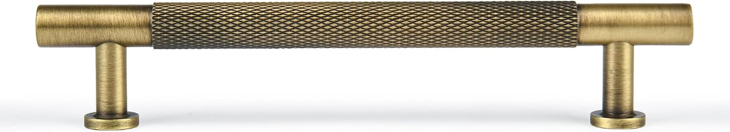 5" Knurled Solid Brass Cabinet Pulls, Antique Brass 2-Pack | Solid Brass Bar Pull + Knurled, Designer Look + For Kitchen Cabinets + Bathroom & Dresser + Heavy Duty, Easy Fit