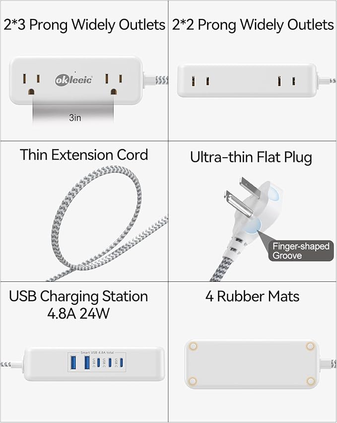 Power Strip with USB C, Small Extension Cord with 4 Outlets & 2 USB-A and 3 - Image 6
